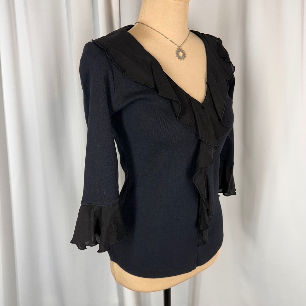 Barbara Lesser Fibers Black Ruffle V-Neck Cotton Top 3/4 Bell Sleeve Small - Picture 2 of 16